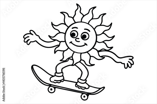 Funny sun riding a skateboard with wavy lines and flower trails