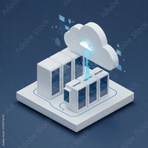 Tech-Savvy Data Center Isometric View, Blue & Steel Cloud Interface