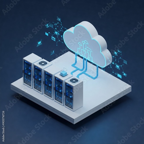 Isometric Data Center Cloud Connection, Blue Lighting, Futuristic Design