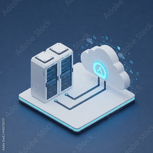 Isometric Data Center Cloud Connection, Blue Lighting, Futuristic Design