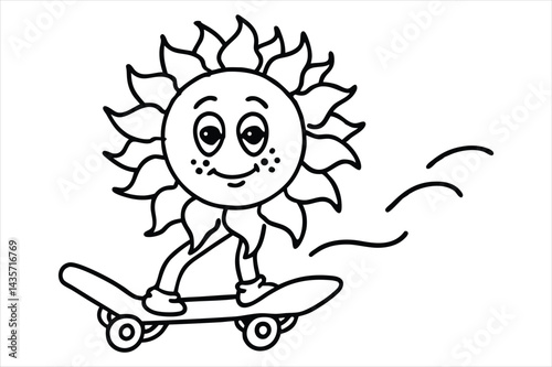 Funny sun riding a skateboard with wavy lines and flower trails