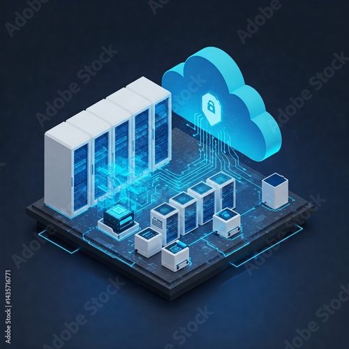 Futuristic Isometric Data Center, Cloud Connectivity, Blue & Steel Theme