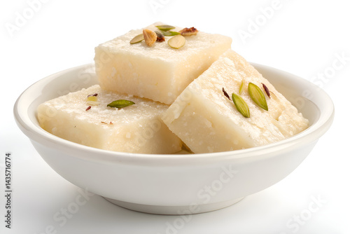 A white bowl holds healthy barfies on pure white background.