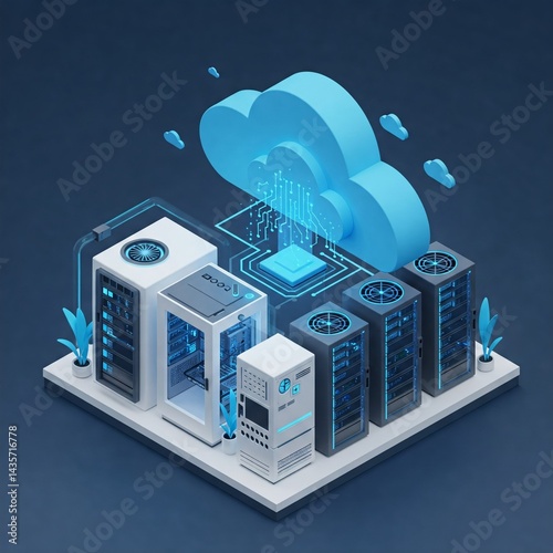 Isometric Data Center Cloud Connection, Blue Lighting, Futuristic Design