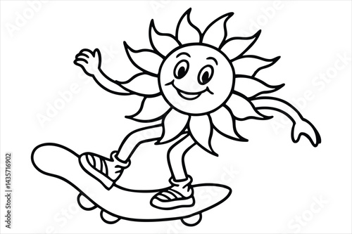 Funny sun riding a skateboard with wavy lines and flower trails