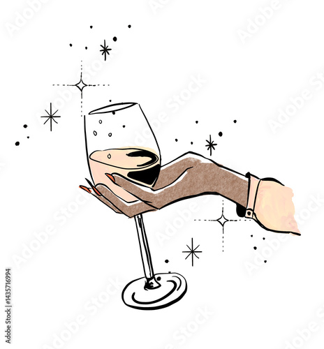 Fotografía hand with wine glass Celebrate Line Art Invitation Vintage event On Transparent