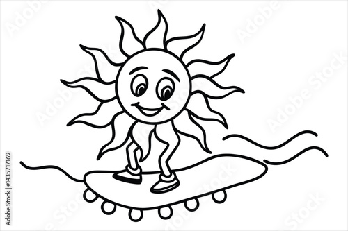 Funny sun riding a skateboard with wavy lines and flower trails