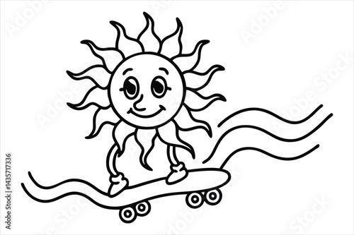 Funny sun riding a skateboard with wavy lines and flower trails