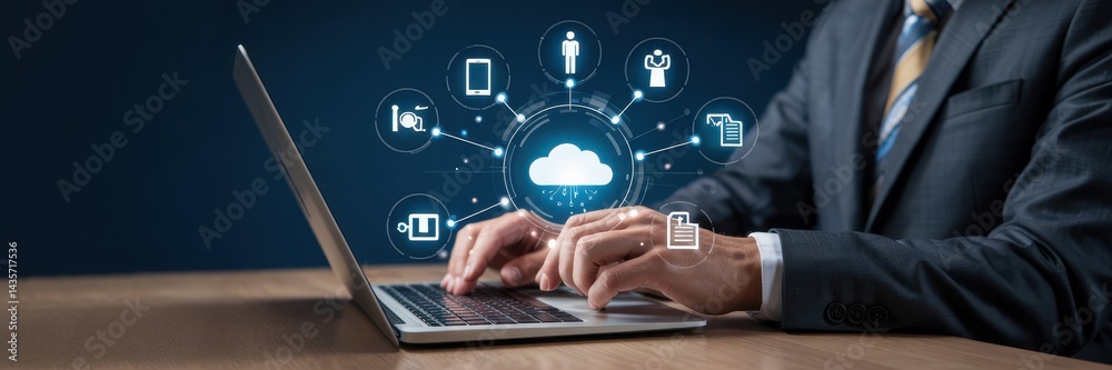 Hands typing on a laptop with digital cloud computing interface Hands typing on a laptop with digital cloud computing interface