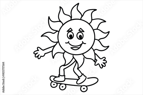 Funny sun riding a skateboard with wavy lines and flower trails