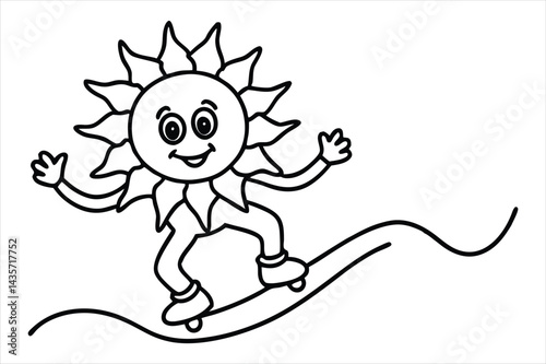 Funny sun riding a skateboard with wavy lines and flower trails