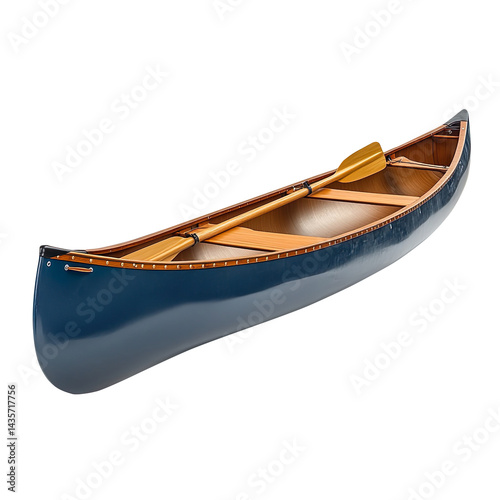 blue tandem canoe with a pair of wooden paddles, isolated on a white background