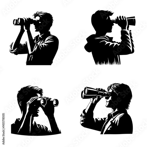 Clean vector Silhouette of Person looking through binoculars isolated on white background.