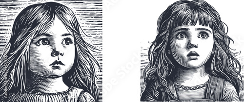 Set of Engraving Designs Featuring a Little Girl with Long Hair and Raised Eyebrows – Detailed Line Art for Laser Engraving, Wood Carving, and Digital Craft Projects girl,etching,  child, kid