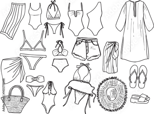 Foto Illustrations vêtements de plage maillot de bain robe chapeau tongs sac trait no