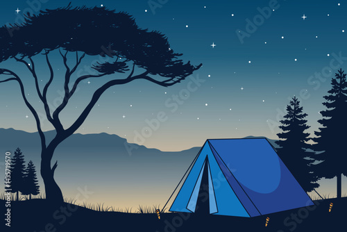 Peaceful Nighttime Camping Scene with a Tent Under a Starry Sky, Surrounded by Pine Trees and Distant Mountain Ranges. Tranquil Outdoor Adventure Illustration