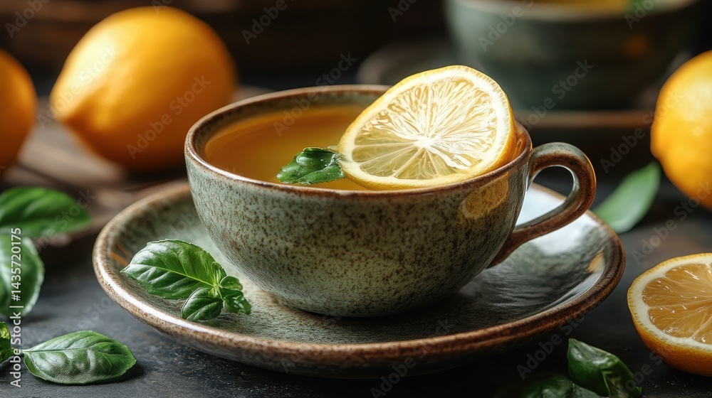 Aromatic Lemon Tea in Rustic Cup Herbal Drink Fresh Lemons Close up Aromatic Lemon Tea in Rustic Cup Herbal Drink Fresh Lemons Close up