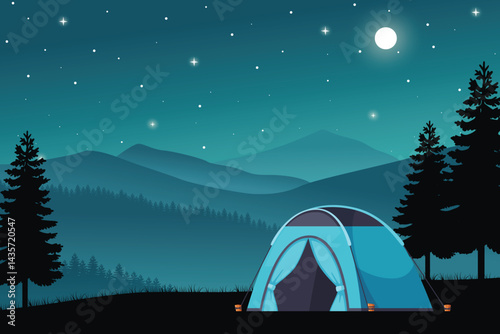 Peaceful Nighttime Camping Scene with a Tent Under a Starry Sky, Surrounded by Pine Trees and Distant Mountain Ranges. Tranquil Outdoor Adventure Illustration