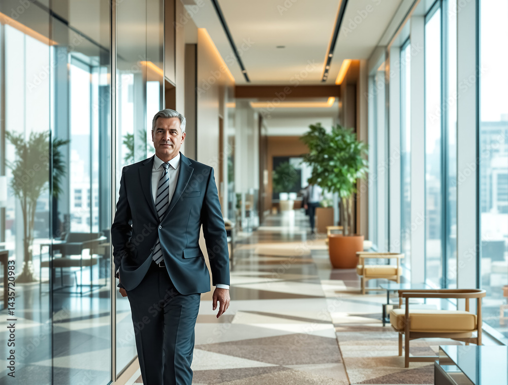 Fototapeta premium Portrait of Professional Businessman Using Laptop in Modern Office - Corporate CEO Manager Working