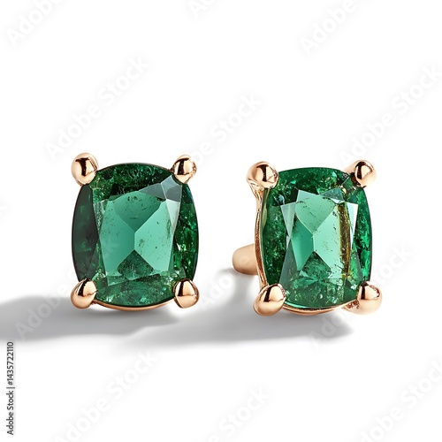Two elegant square green emerald ears with gold prongs sit on a white surface, showcasing their exquisite design and craftsmanship, inviting admiration and desire.