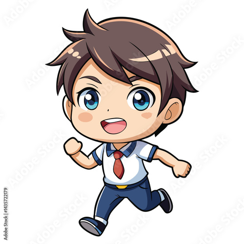 Cute cartoon boy running in school uniform