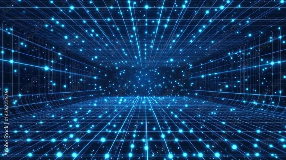 Fototapeta premium Abstract blue digital network grid futuristic technology background 3d web data glow lines space