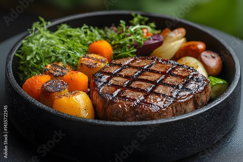 A large black cast-iron pot with food inside, featuring grilled steak and vegetables on the side, presented in an overhead perspective against a dark background. The focus is on capturing the rich col