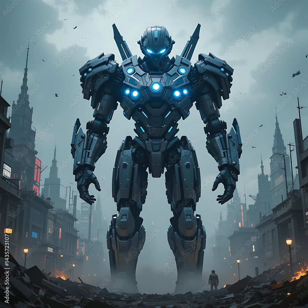 Fototapeta premium Giant maccha robot, futuristic cityscape blue glowing details imposing stance apocalyptic atmosphere
