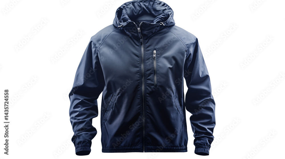 Stylish Navy Blue Windbreaker Front View Mockup on White Background Stylish Navy Blue Windbreaker Front View Mockup on White Background