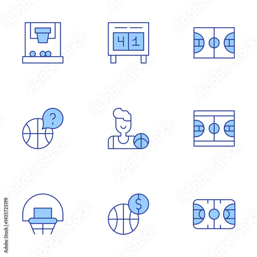 Basketball icons set. Line Duotone style, editable stroke. sport, basketball, basketball court, scoreboard