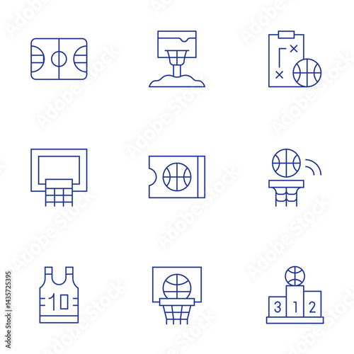 Basketball icons set. Thin Line style, editable stroke. strategy, basketball, basketball court, basketball hoop, tshirt