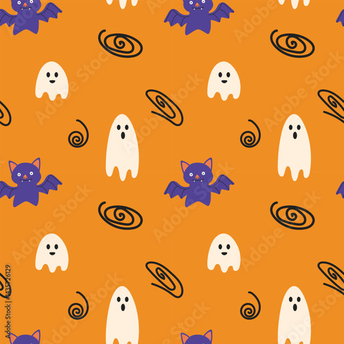 seamless vector pattern set against a bright orange background, dedicated to the Halloween theme