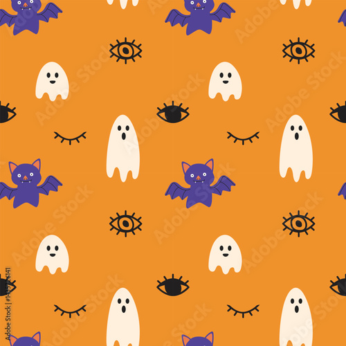 seamless vector pattern with a playful and slightly spooky Halloween theme. The design features a orange background populated with various cute and stylized elements