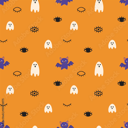 seamless vector pattern with a playful and slightly spooky Halloween theme. The design features a  orange background populated with various cute and stylized elements