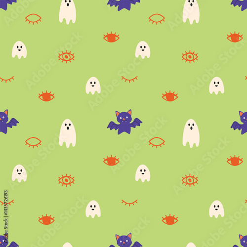 seamless vector pattern with a playful and slightly spooky Halloween theme. The design features a light green background populated with various cute and stylized elements