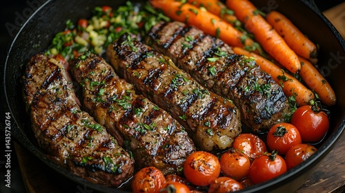 A large black cast-iron pot with food inside, featuring grilled steak and vegetables on the side, presented in an overhead perspective against a dark background. The focus is on capturing the rich col