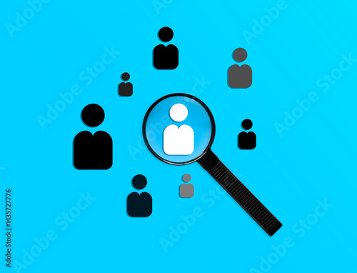 Magnifying glass focusing on a candidate among people profile figures against a blue background as a human resources management concept. HR target and select talents from job market for company