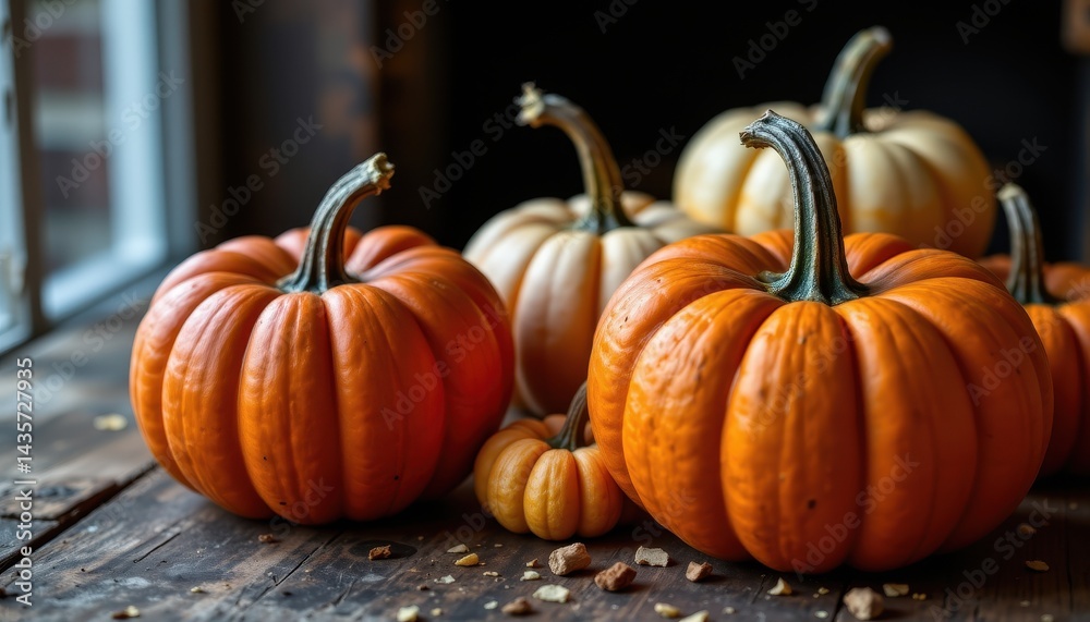 Close up photo of seasonal pumpkins resting on wooden table, moody shadows and autumn colors for rustic food styling. Close up photo of seasonal pumpkins resting on wooden table, moody shadows and autumn colors for rustic food styling.