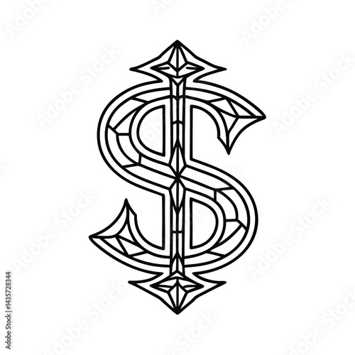 Elaborate money sign line art with geometrical and gothic elements on white background