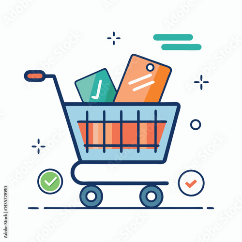 Shopping Cart With Products Purchase Success And Retail Sale Design
