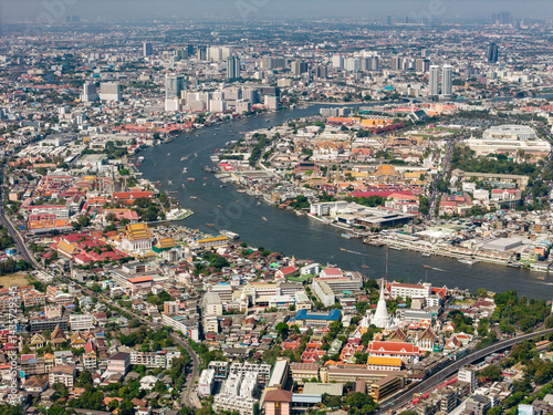Historic Rattanakosin Island and Chao Phraya River aerial view of Bangkok old city photo
