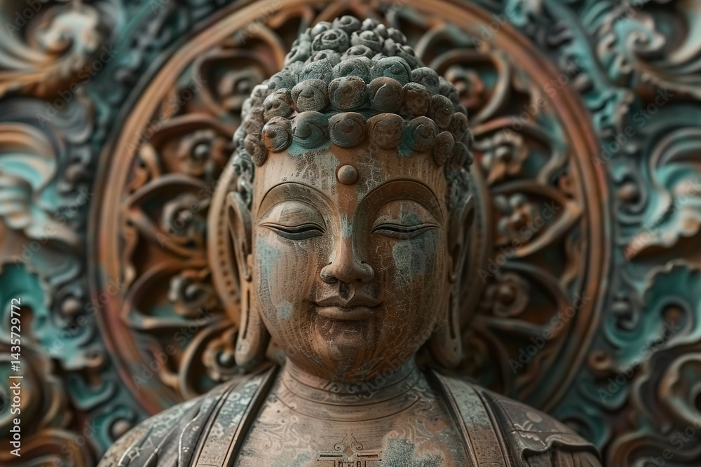 Ancient statue great Buddha on bright holiday composition, abstract vivid composition consists of fictional unreal fantastic vision on background Ancient statue great Buddha on bright holiday composition, abstract vivid composition consists of fictional unreal fantastic vision on background