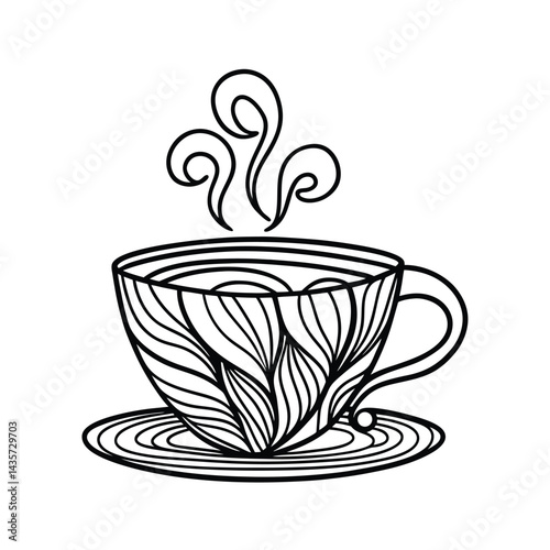 Artistic line art of steaming cup of coffee or tea on saucer vector