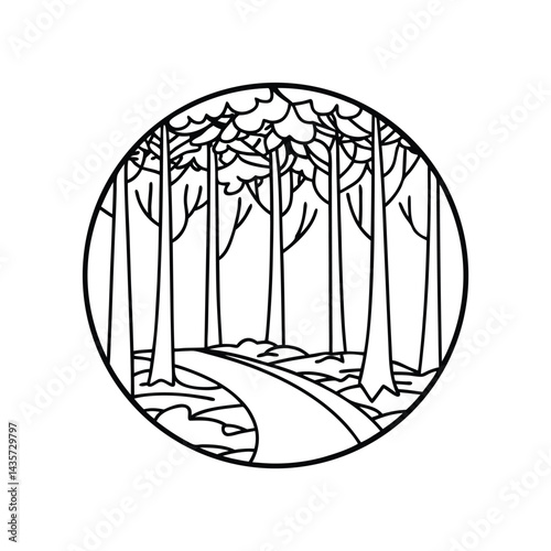 Simple forest path vector illustration surrounded by tall trees within a circular frame design