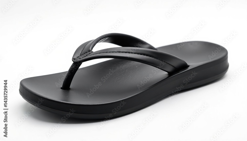 Single black flip-flop on white background, studio shot, white background, minimal, black Single black flip-flop on white background, studio shot, white background, minimal, black
