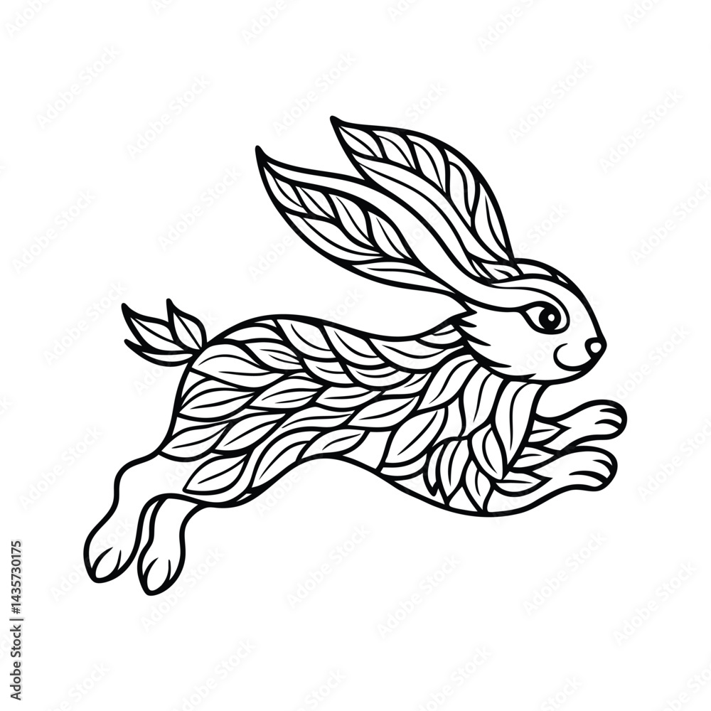 Obraz premium Intricate black and white vector illustration of a leaping rabbit with leaf pattern