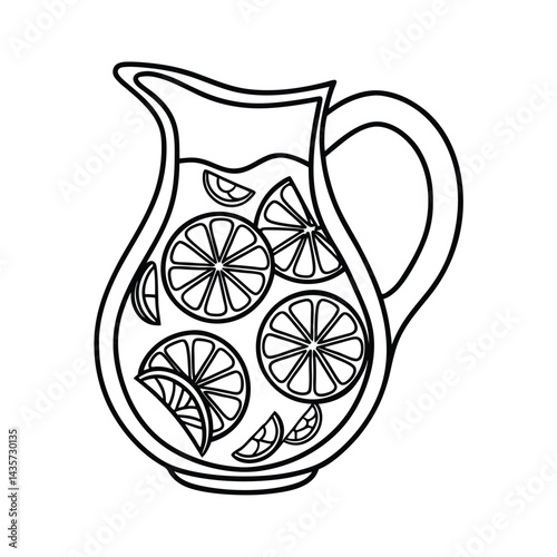 Black and white outline of lemonade pitcher with lemon slices vector illustration fresh summer drink