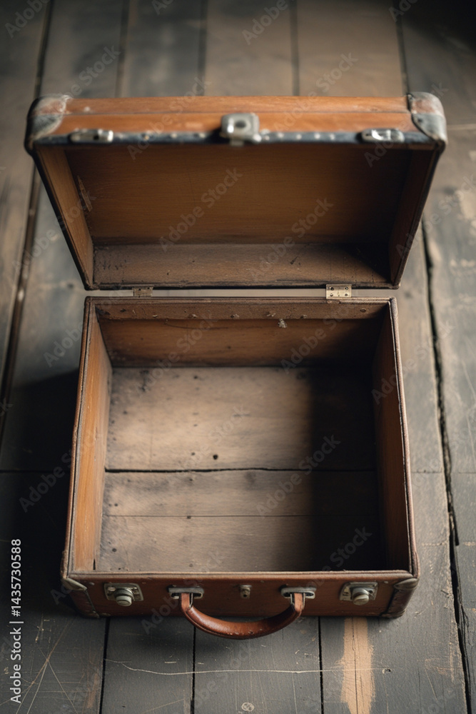 Obraz premium Top View of Empty Vintage Wooden Luggage