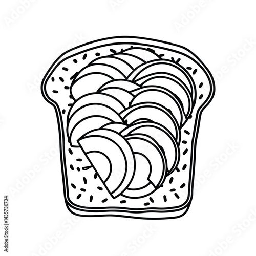 Outline illustration of toasted bread with sliced avocado for healthy breakfast menu
