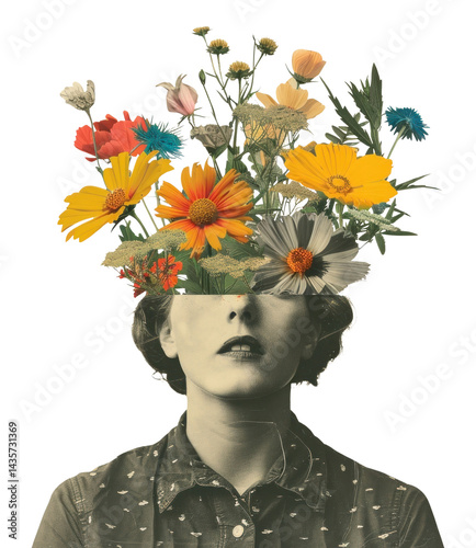 PNG Autism woman portrait flowers vintage collage.